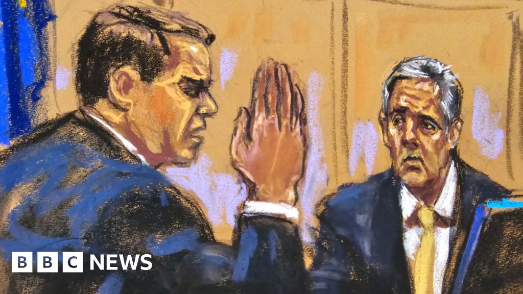 Sketch of Todd Blanche questioning Michael Cohen