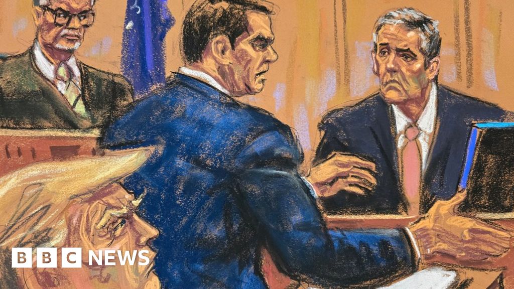 Courtroom sketch of Michael Cohen being cross examined by defence lawyer Todd Blanche