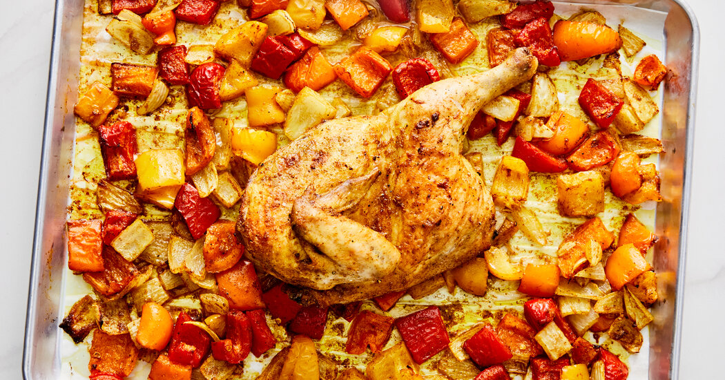 Curry Roasted Half Chicken and Peppers for One