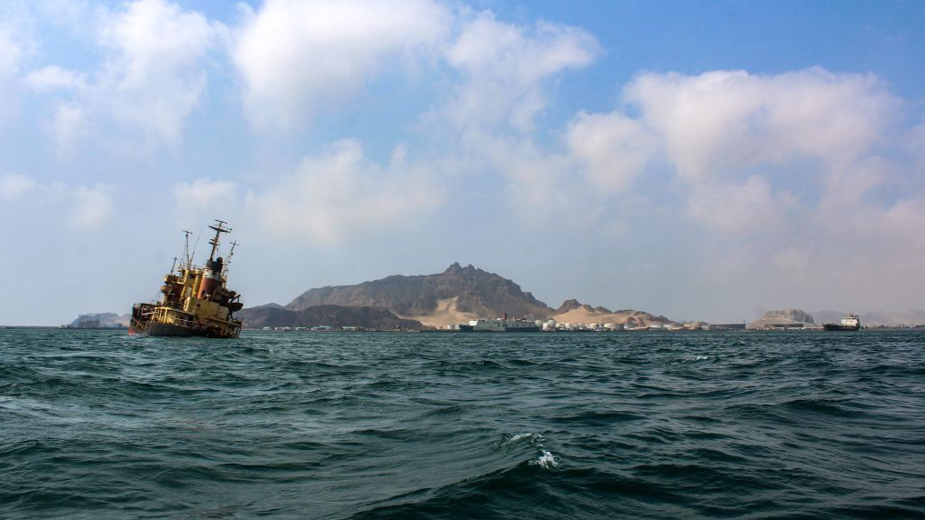A picture taken on 26 September 2019 shows a view of the Yemeni flagged oil tanker Rudeef GNA, sinking in the waters off Yemen's second city and port of Aden