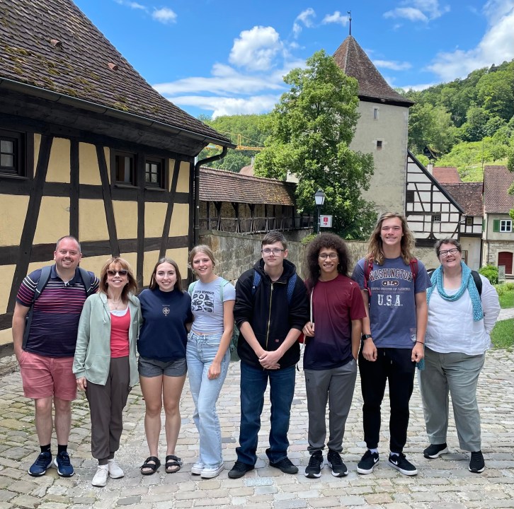 Staff and students during their trip to Germany are, from left, Nick Eli, Monta Ponsetto, Eva Essman, Norah Wright, Dillon Gray, Trevor Hamburg, Henry Mass, and Amy Curtiss.
