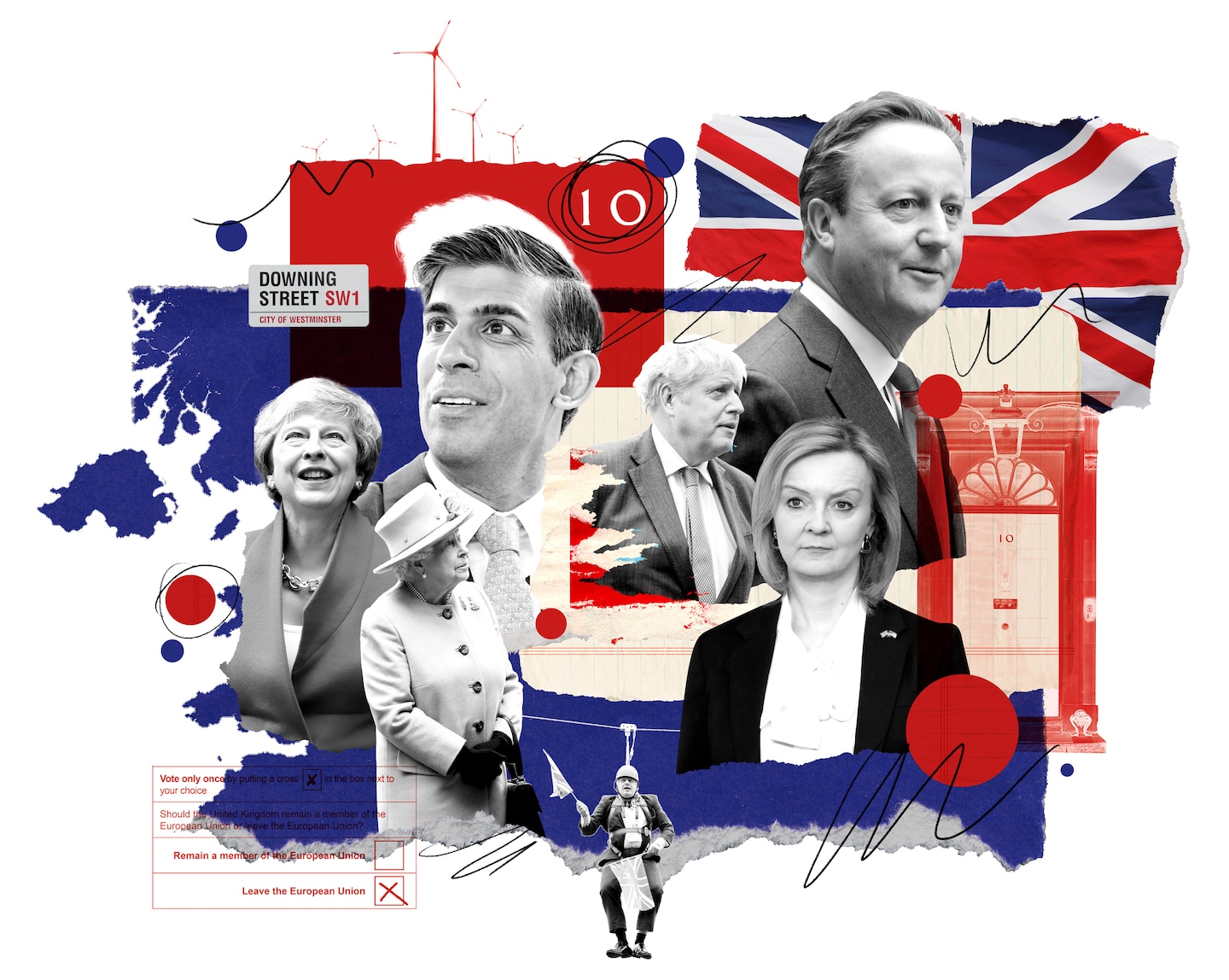 Collage illustration of Conservative prime ministers Rishi Sunak, David Cameron, Theresa May, Liz Truss and Boris Johnson, and Queen Elizabeth