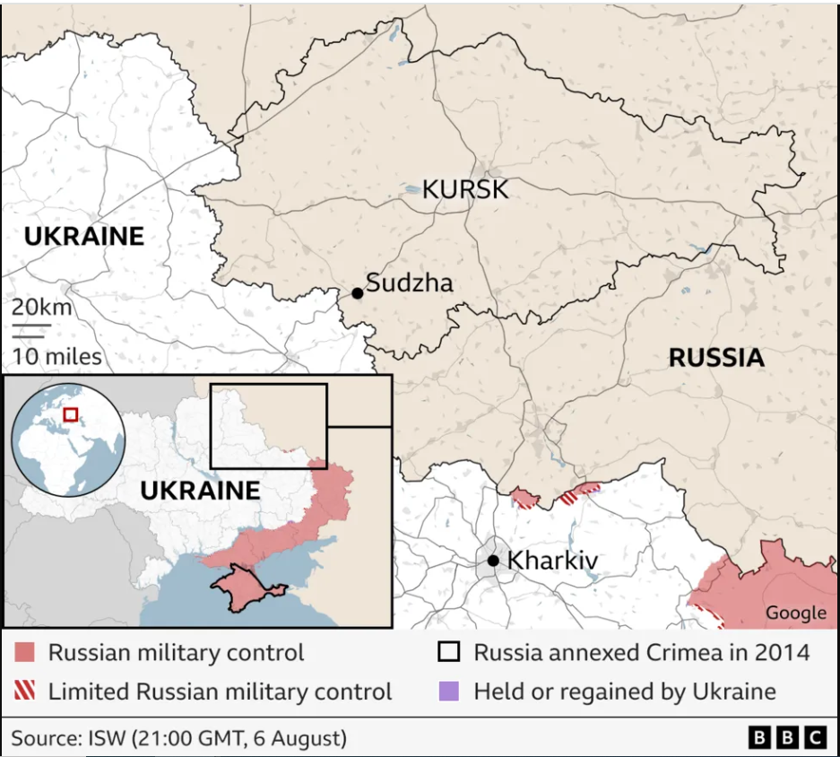 Map showing Russia's western Kursk region and Ukraine's north-eastern Kharkiv region