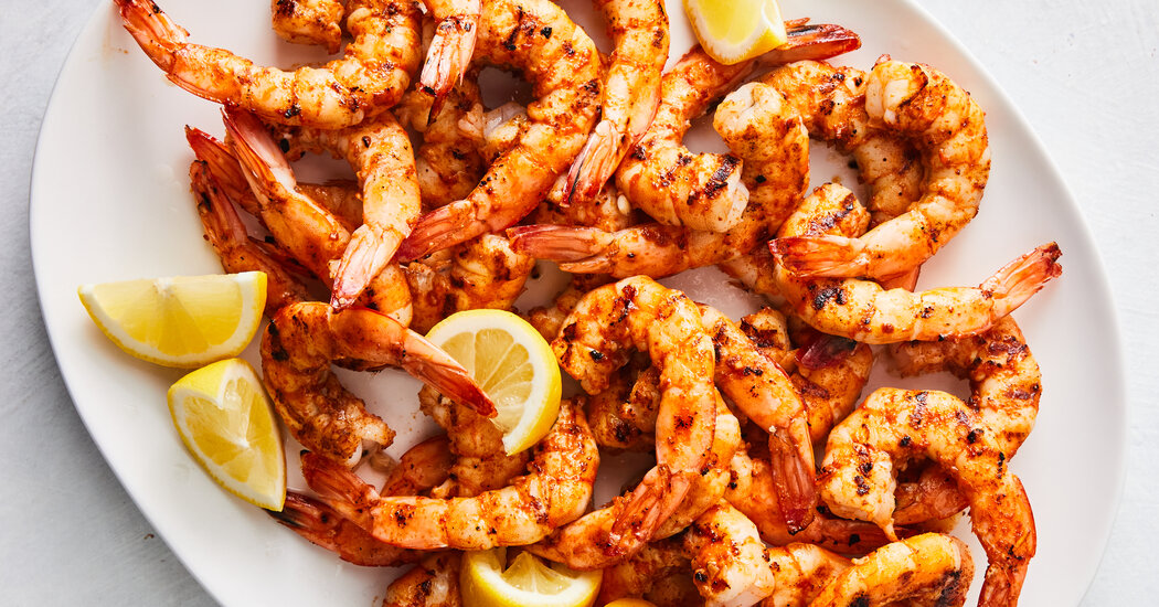 Spicy Grilled Shrimp, Grilled Corn With Honeyed Goat Cheese and Peach Upside-Down Cake