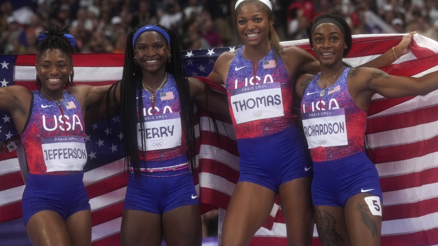 At Paris Olympics, U.S. women win 4x100-meter relay gold; men are disqualified : NPR