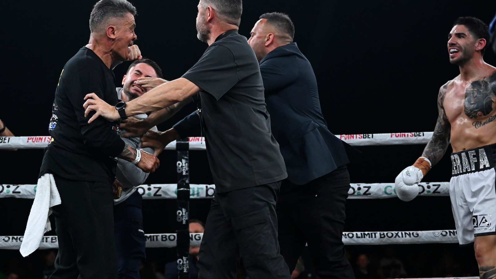 Boxer's brother throws a punch at a rival trainer in chaotic post-fight melee