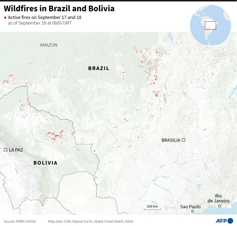 Map of Bolivia and southern Brazil showing the active fires on September 17 and 18 (as of September 18 at 0600 GMT) (Valentina BRESCHI)