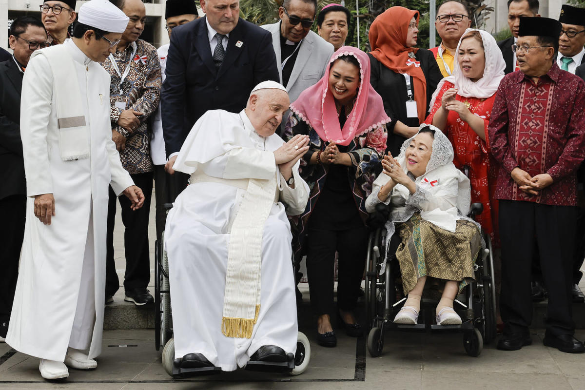 Pope urges fight against extremism and climate change at Southeast Asia’s largest mosque