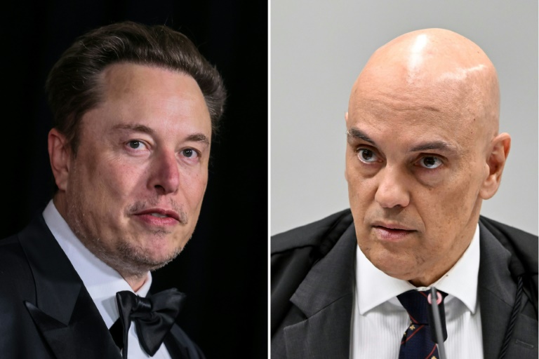 Brazilian Supreme Court Judge Alexandre de Moraes (R) has repeatedly clashed with tech tycoon Elon Musk (L) after making it his mission to crack down on disinformation (ETIENNE LAURENT)