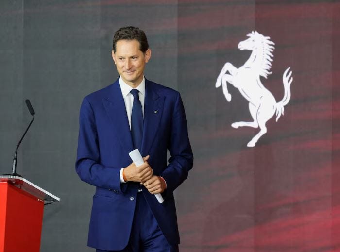 Chairman of Ferrari and Stellantis John Elkann attends an event to inaugurate Ferrari's new 'e-building' facility where the luxury sportscar maker is testing lines before an expected start of car production in early 2025, in Maranello, Italy, June 21, 2024.