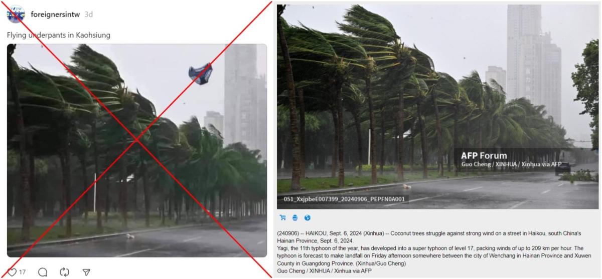 Image taken in China falsely linked to Typhoon Krathon hitting Taiwan -- with flying undies digitally added