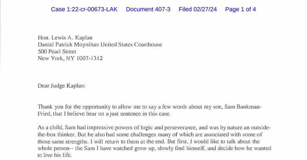 Read a letter from Sam Bankman-Fried’s father.